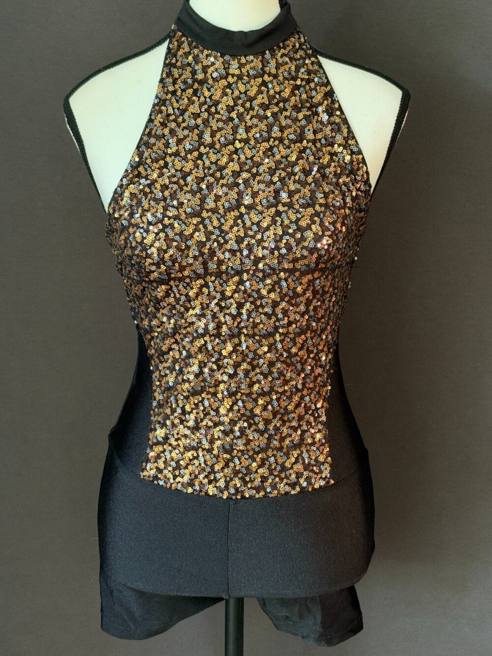 Revolution Dancewear Destiny Black Gold Sequin Biketard Dance Costume SA